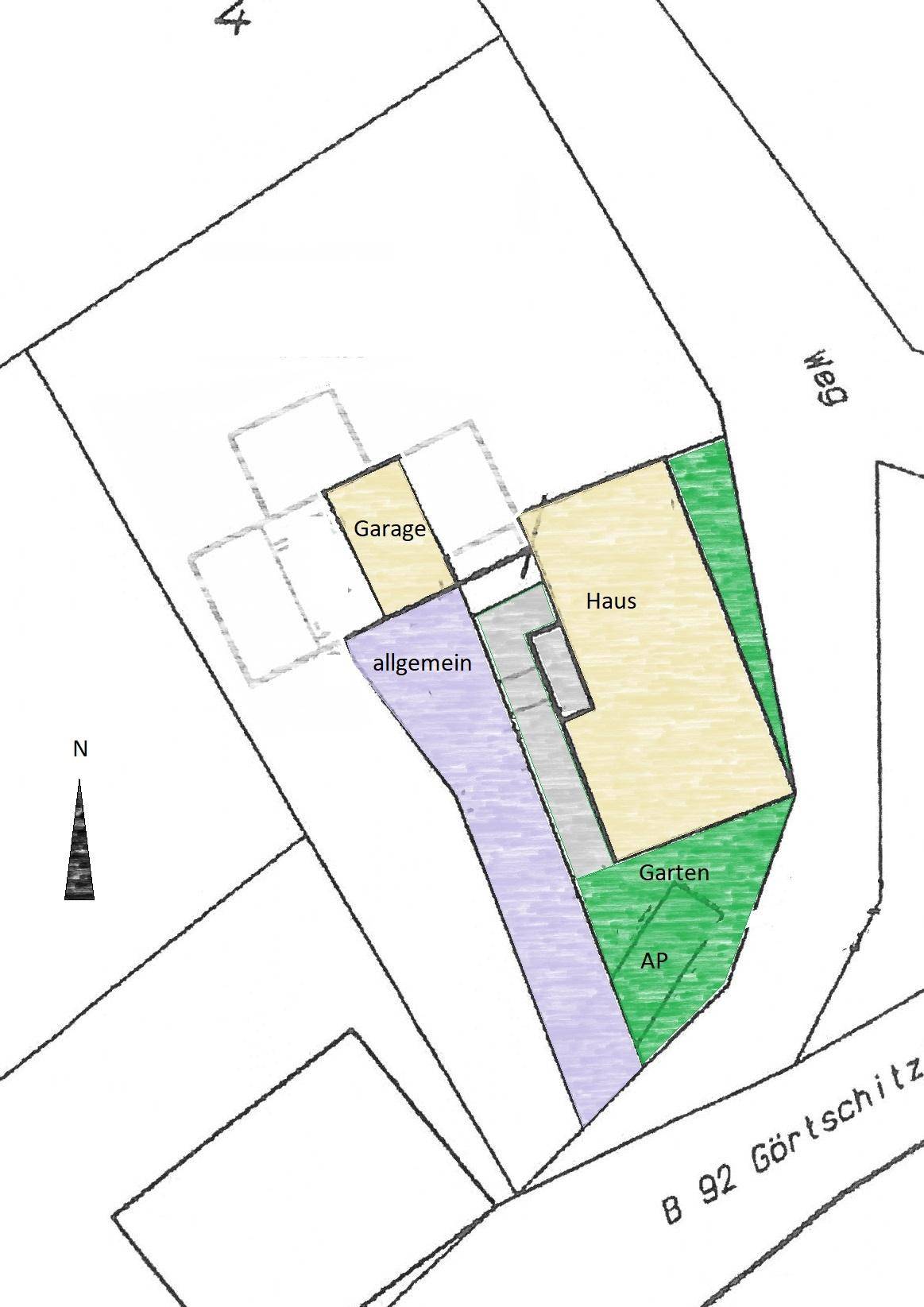 Katasterplan des Grundstücks mit eingezeichnetem Haus, Garage und Gartenbereichen.