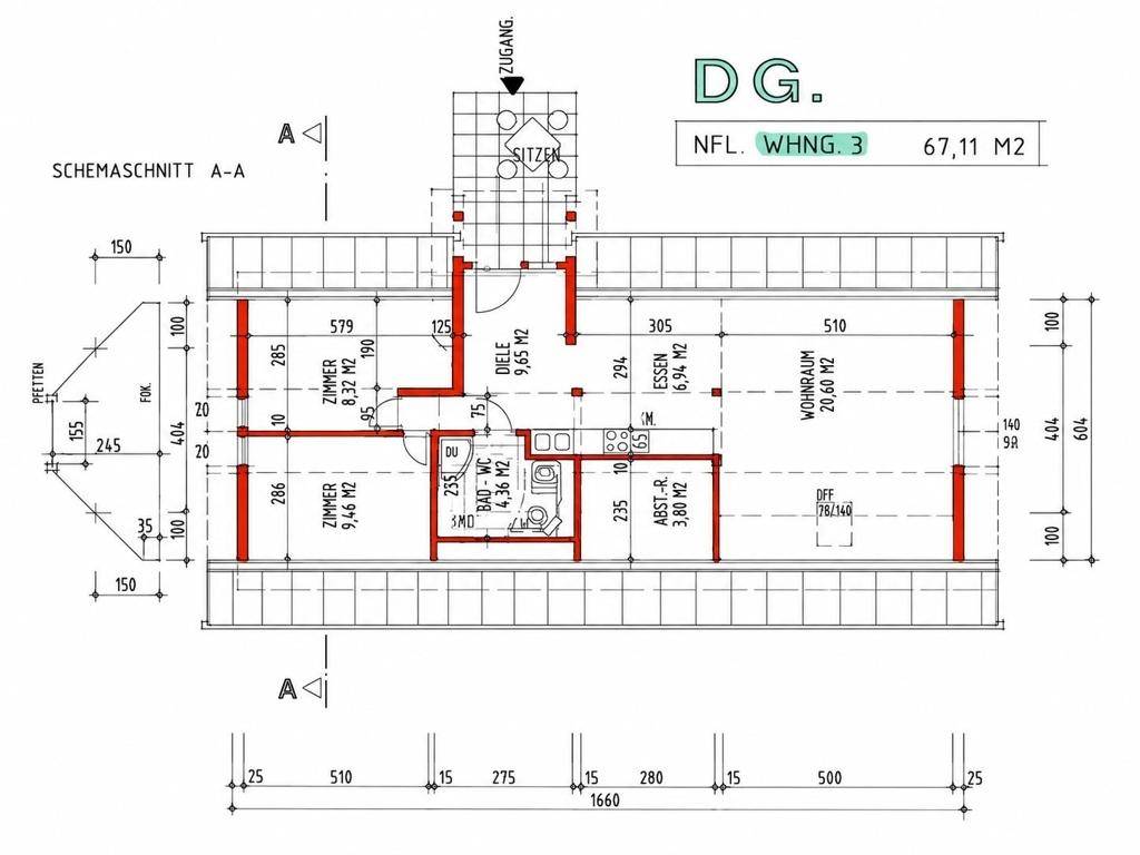 Grundriss des Dachgeschosses für Wohnung 3 mit Schlafzimmern, Bad und offenem Wohn-Essbereich.