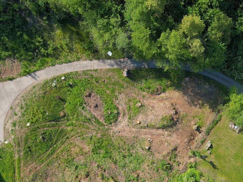 Luftaufnahme eines unbebauten Grundstücks mit teilweise gerodeter Fläche, umgeben von Bäumen und einer Straße.