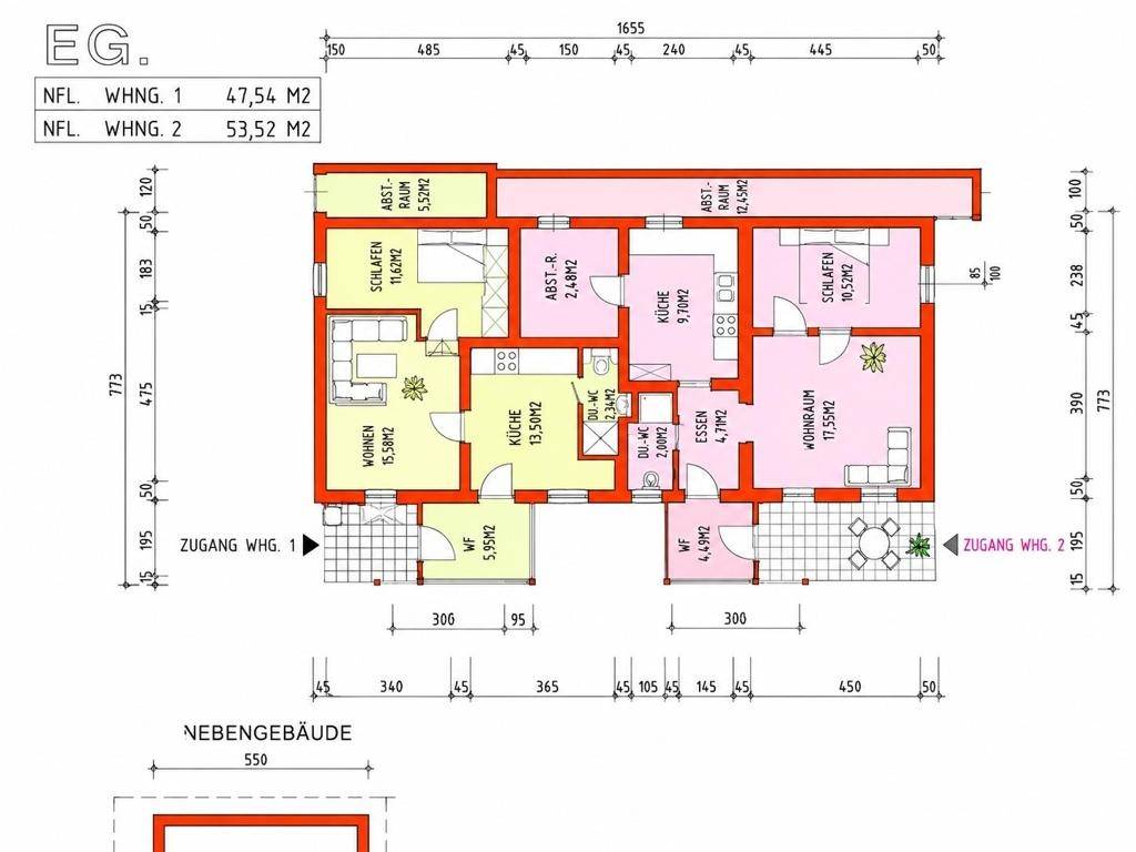 Grundriss des Erdgeschosses mit zwei Wohnungen, jeweils mit Küche, Wohnzimmer, Schlafzimmern und Terrasse.