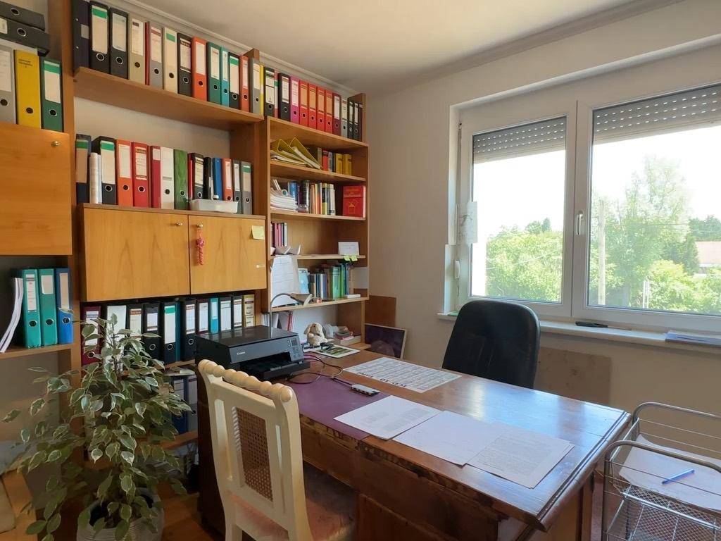 Helles Büro mit großem Schreibtisch, Bücherregalen und Blick ins Grüne.