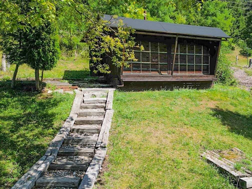 Kleines Holzhaus im Garten mit rustikalen Holzstufen, umgeben von grüner Natur.
