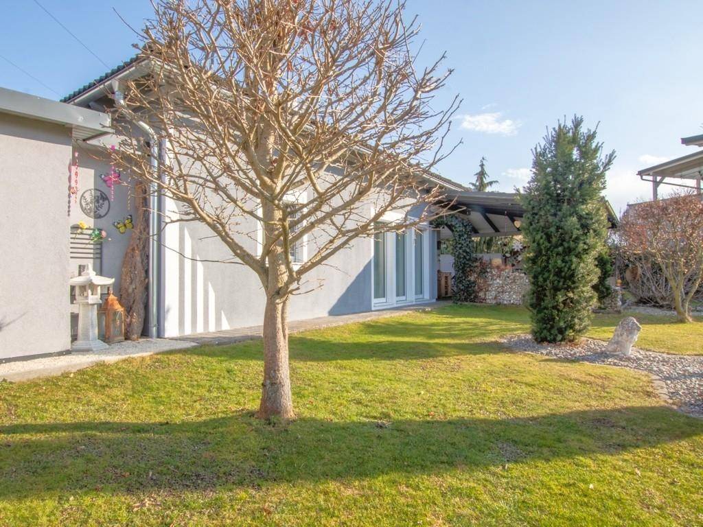 Seitenansicht des Hauses mit grünem Rasen und Bäumen im Vorgartenbereich.