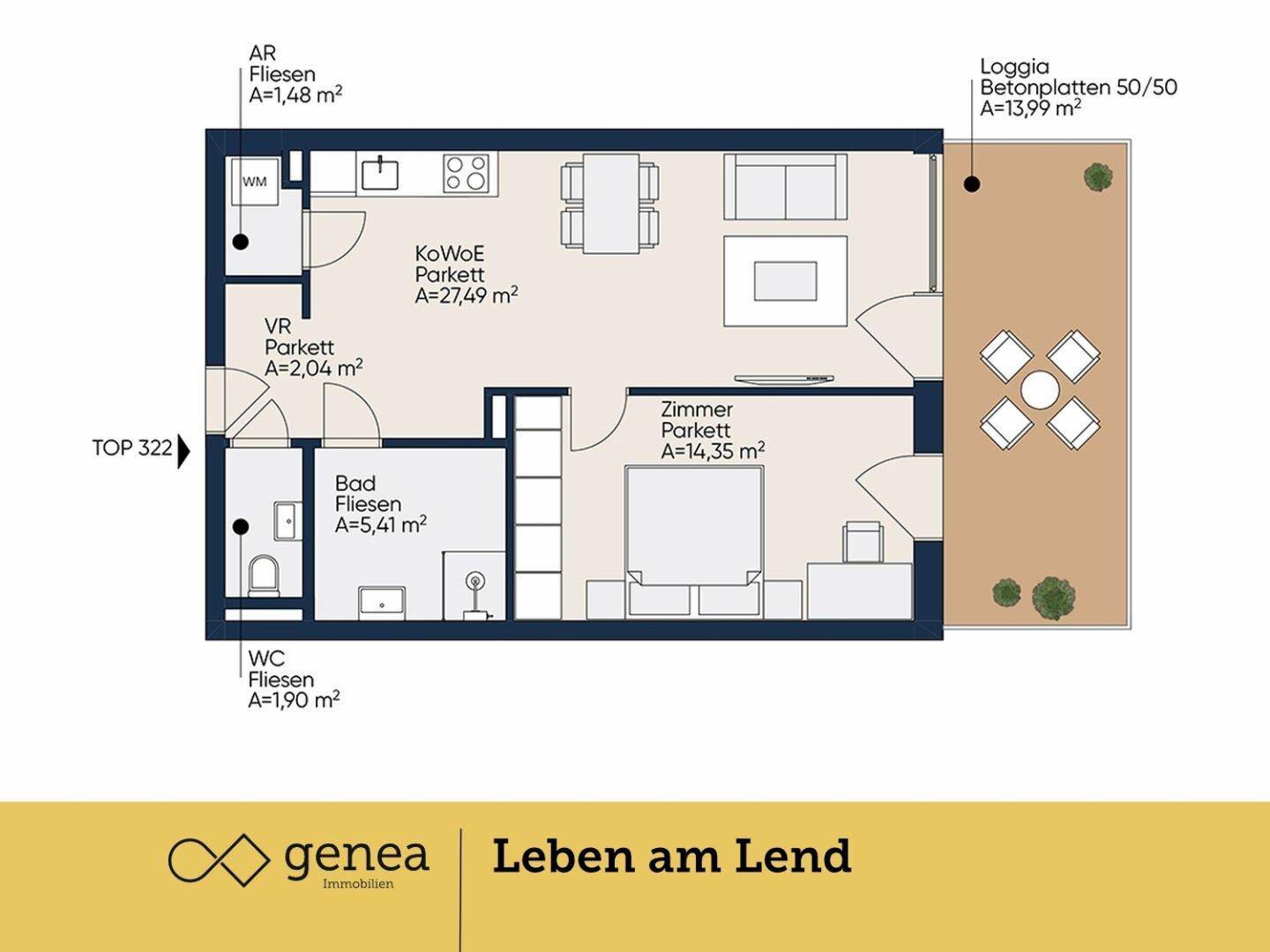 Detaillierter Grundriss einer Wohnung mit Loggia, Schlafzimmer und offenem Wohnbereich.