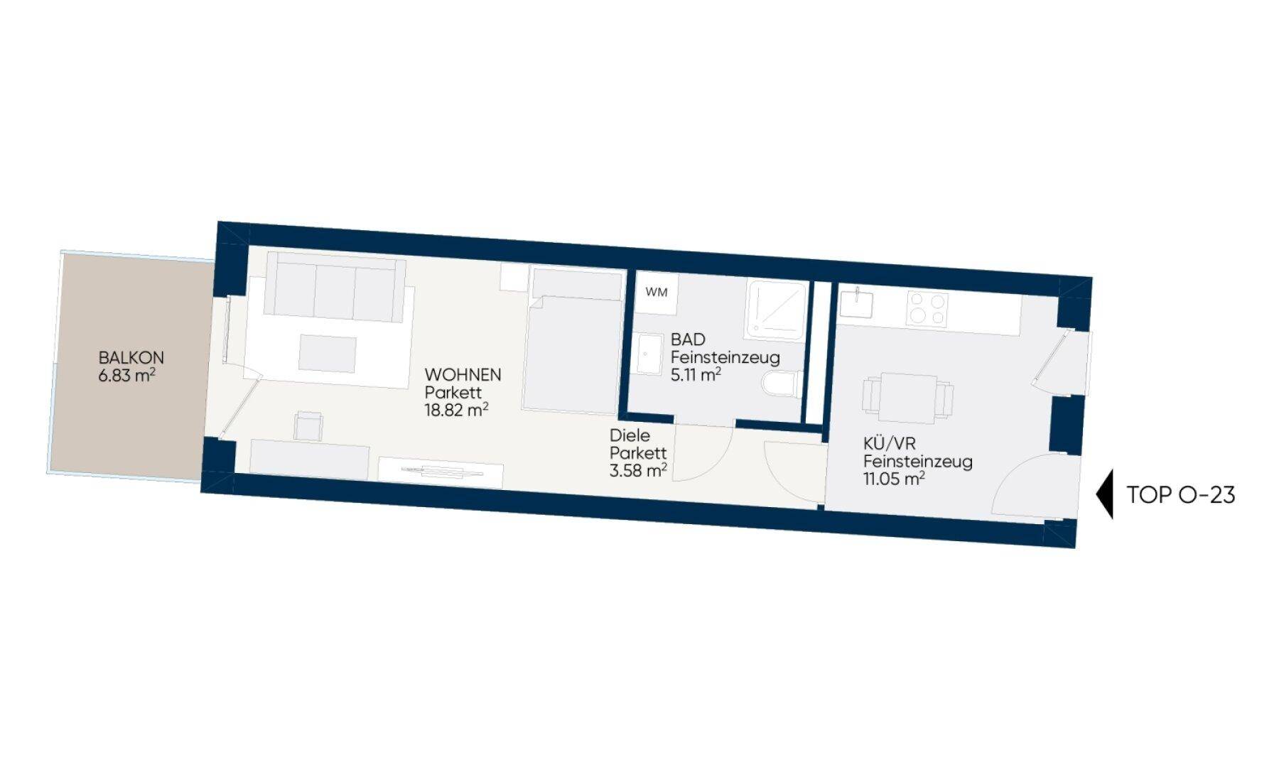 Grundriss einer Wohnung mit Balkon, Wohnbereich, Bad und Diele.