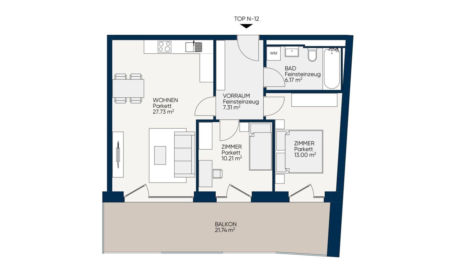 Grundriss der Wohnung TOP N-12 mit offenem Wohnbereich, zwei Zimmern und großem Balkon.