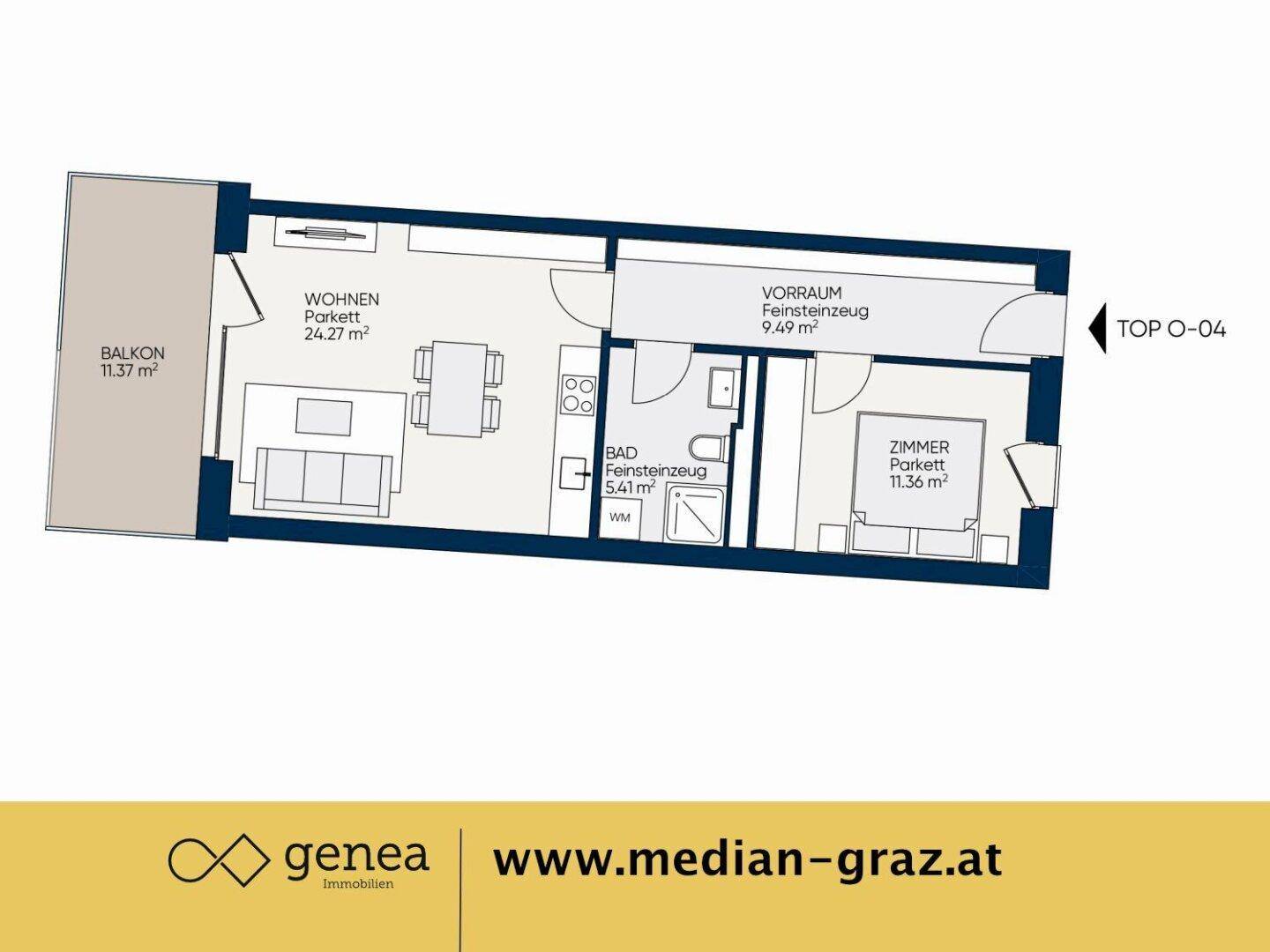 Grundriss einer Wohnung mit Wohnbereich, Schlafzimmer, Bad und großem Balkon.