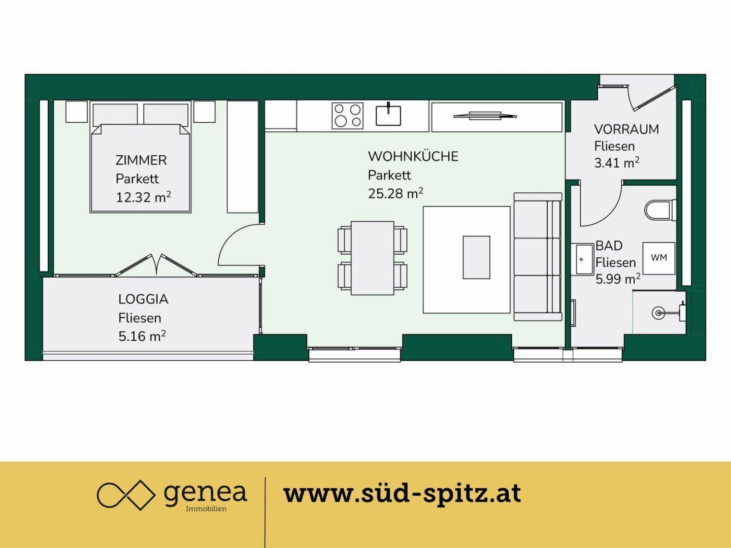 Detaillierter Grundriss einer Wohnung mit Wohnküche, Schlafzimmer und Loggia.