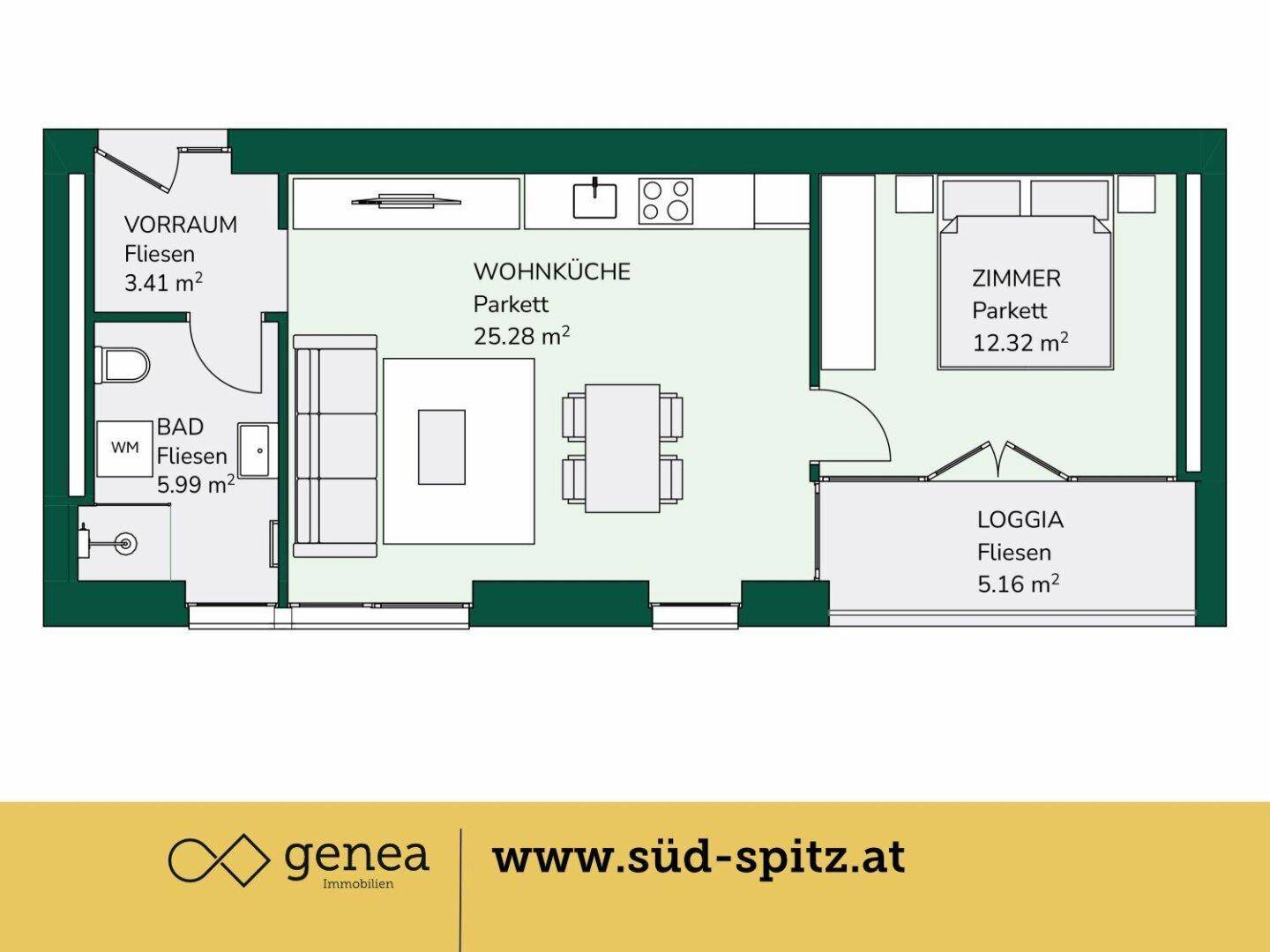 Grundriss einer Wohnung mit Wohnküche, Schlafzimmer, Bad und Loggia.