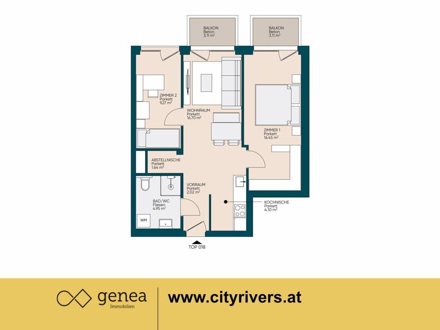 Grundriss einer Zweizimmerwohnung mit separatem Schlafzimmer, Wohnbereich und zwei Balkonen.