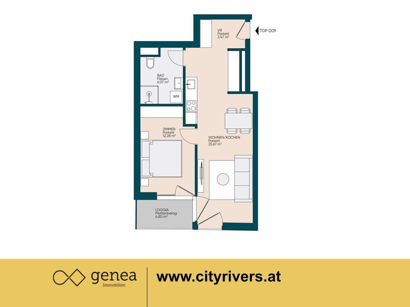 Grundriss einer Wohnung mit offenem Wohn-/Kochbereich, Schlafzimmer, Bad und Loggia.
