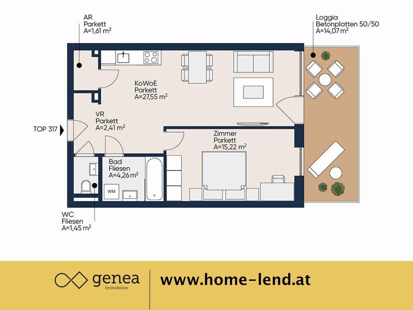 Detaillierter Grundriss der Wohnung mit separatem WC, Bad und einer großzügigen Loggia.