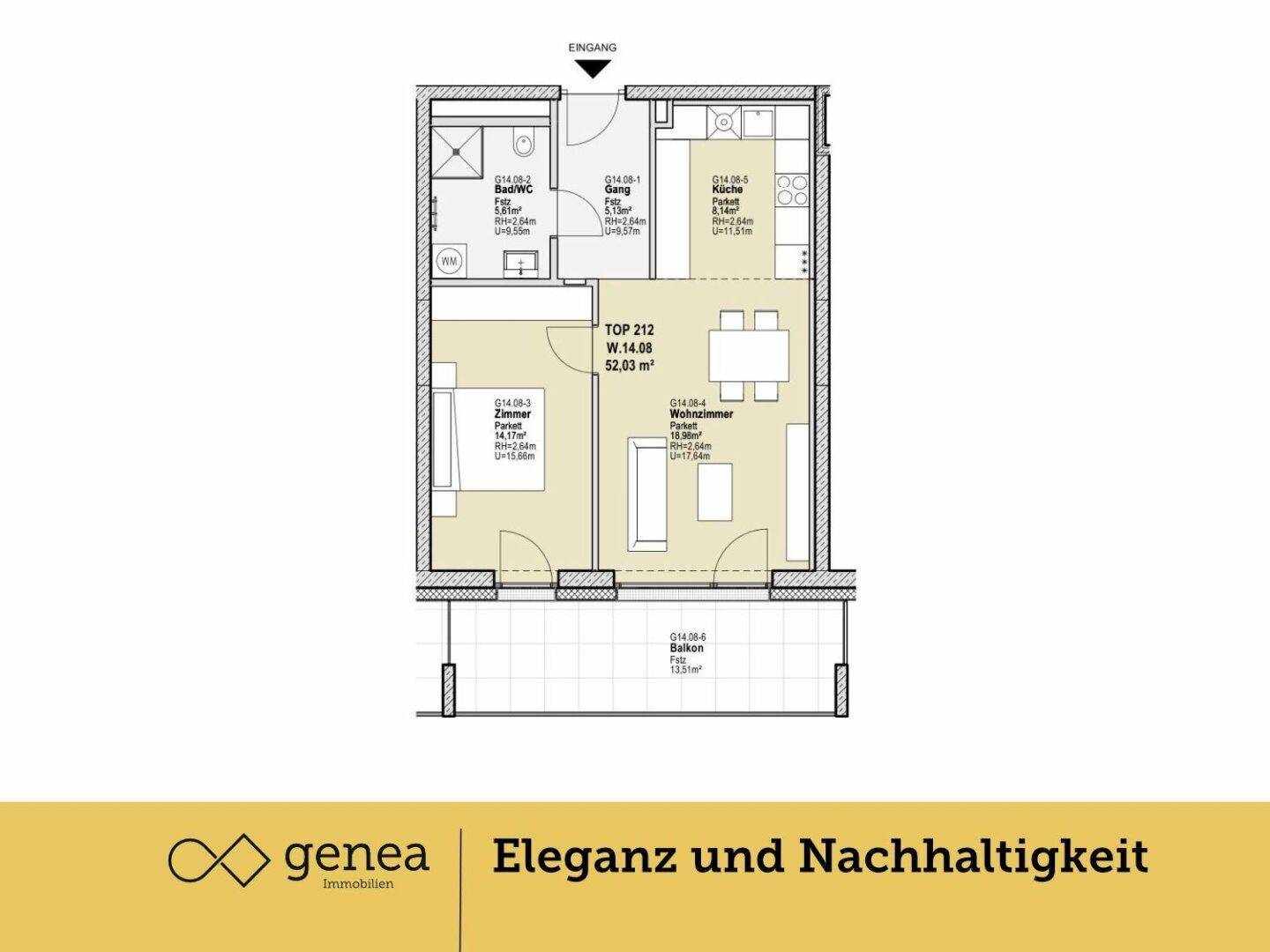 Detaillierter Grundriss einer Wohnung mit offenem Wohn-Essbereich, Schlafzimmer, Bad und Balkon.