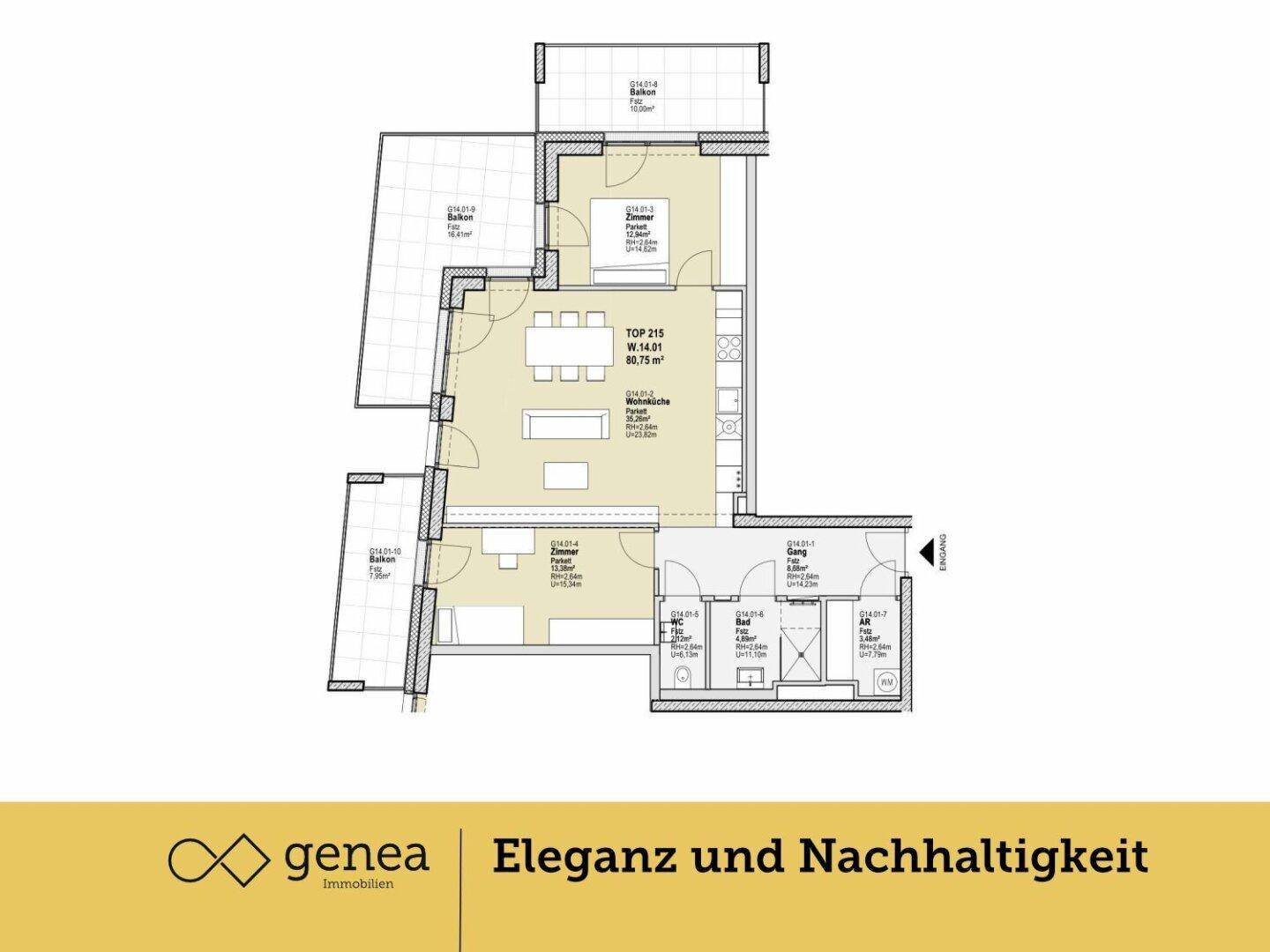 Grundriss einer Wohnung mit offenem Wohnbereich, zwei Bädern und Balkonen.