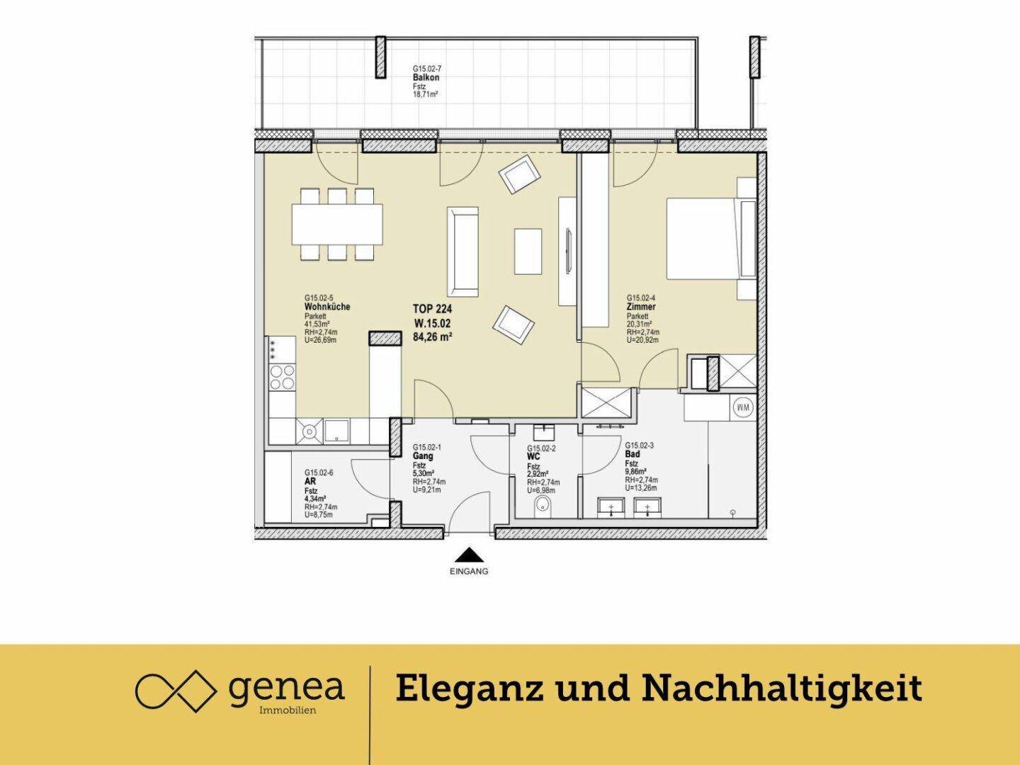 Grundriss einer Wohnung mit offenem Wohnbereich, einem Schlafzimmer, Bad, WC und einem Balkon.