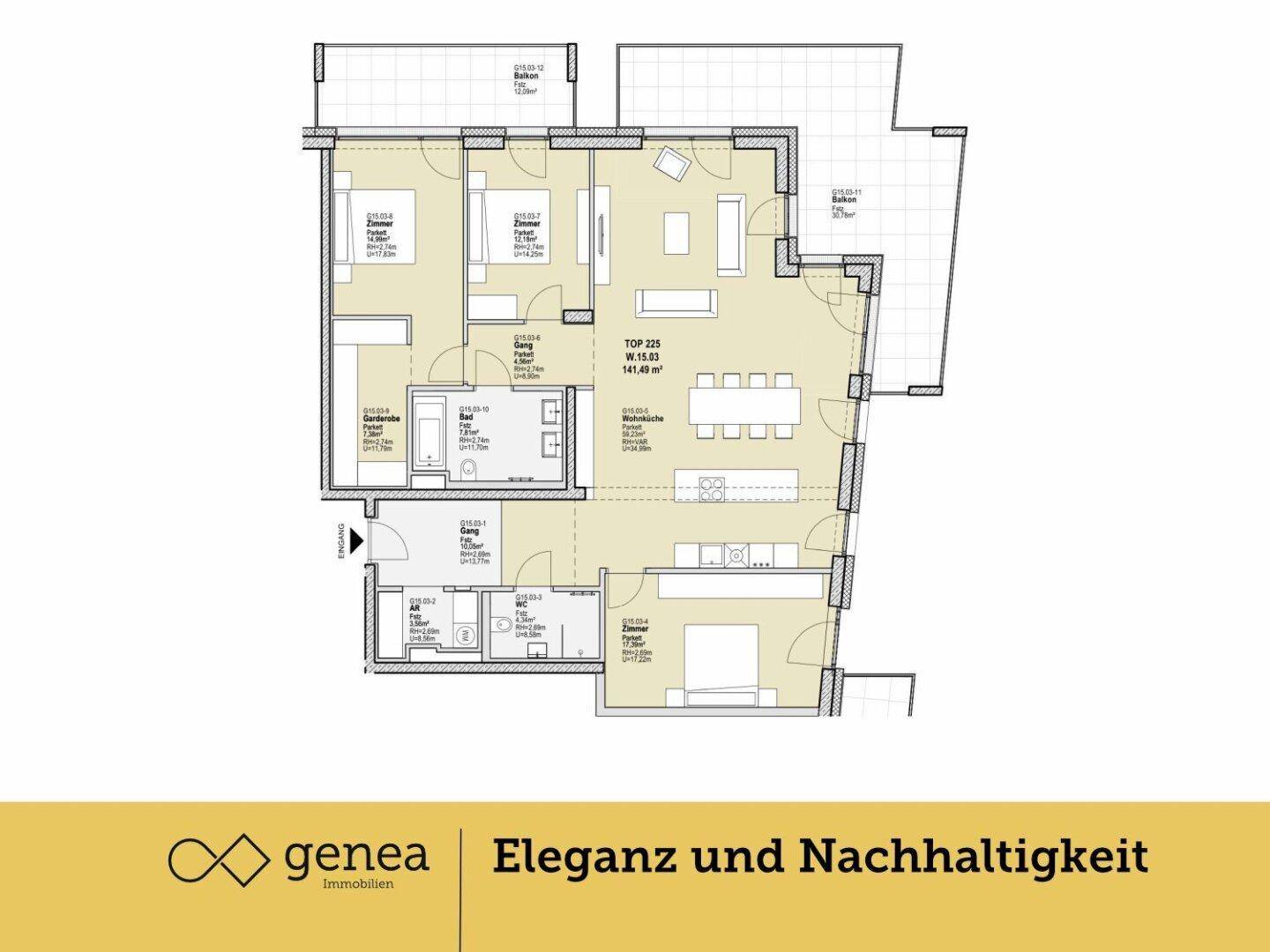 Detaillierter Grundriss einer Wohnung mit mehreren Zimmern und Balkonzugang.