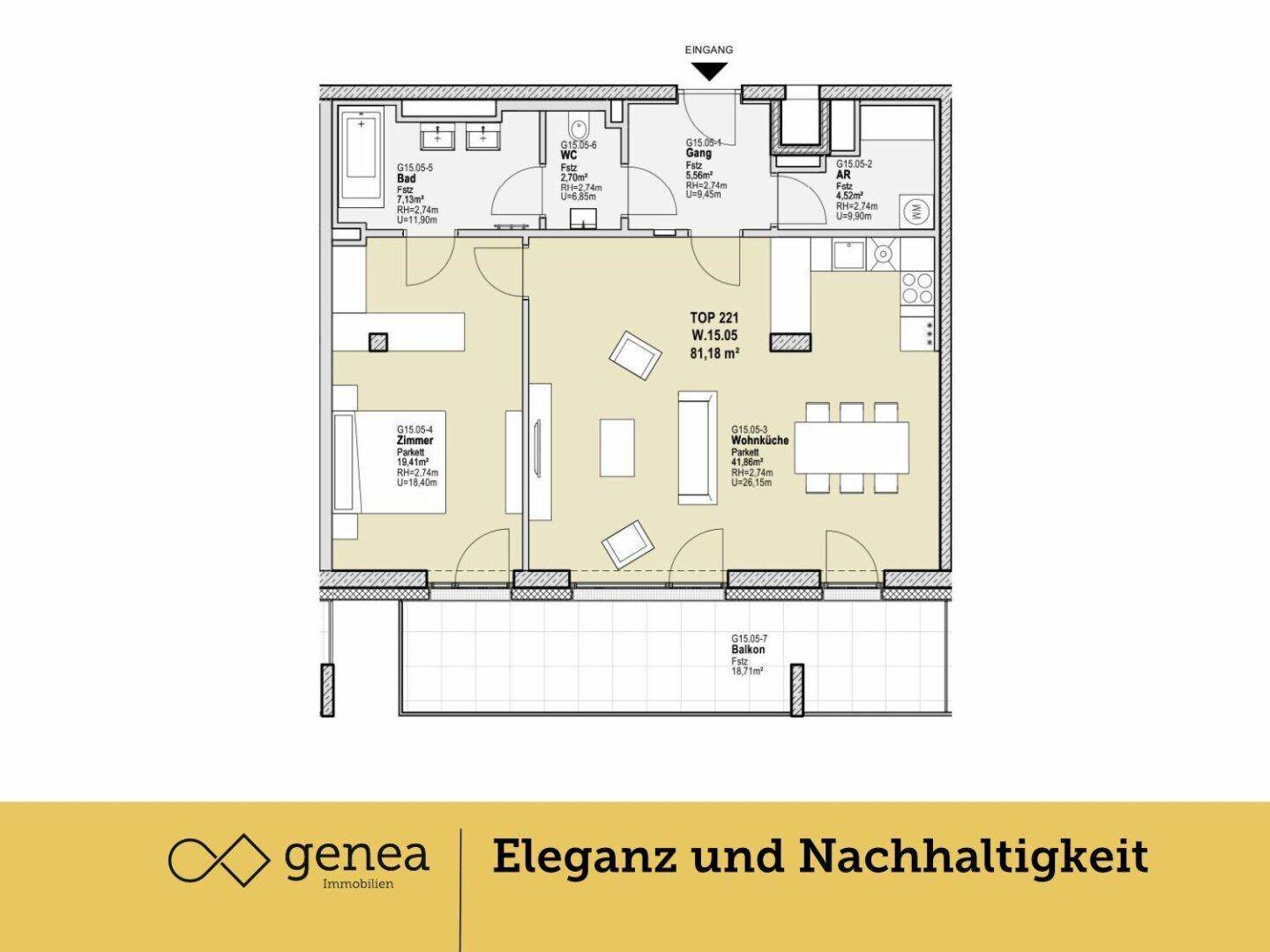 Grundriss einer Wohnung mit offenem Wohnbereich, einem Zimmer und Balkonzugang.