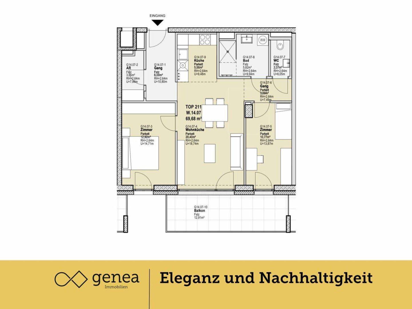 Detaillierter Grundriss einer Wohnung mit offenem Wohnbereich, zwei Zimmern und Balkonzugang.