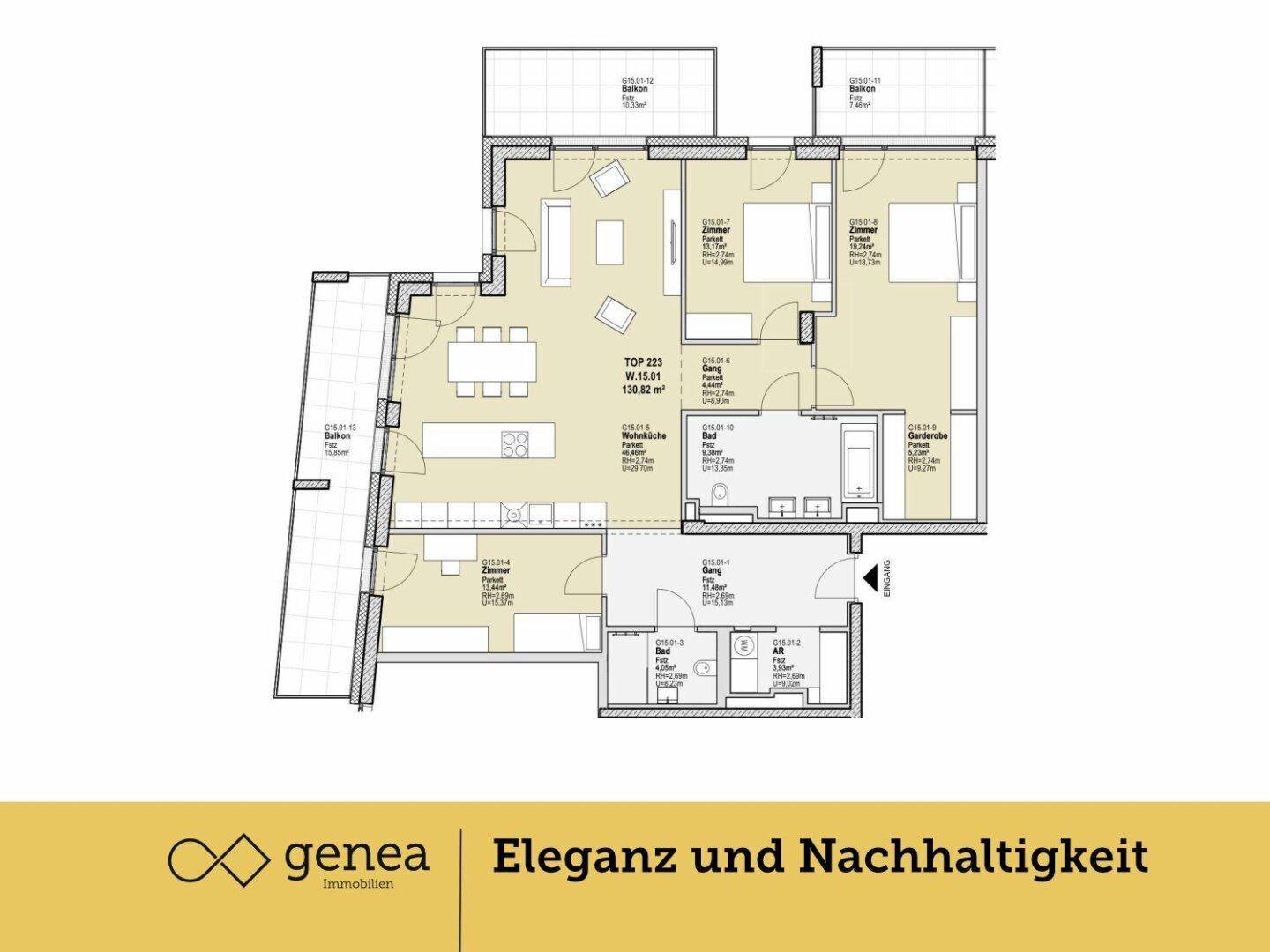 Detaillierter Grundriss einer Wohnung mit mehreren Zimmern, Balkonen und offenem Wohnbereich.
