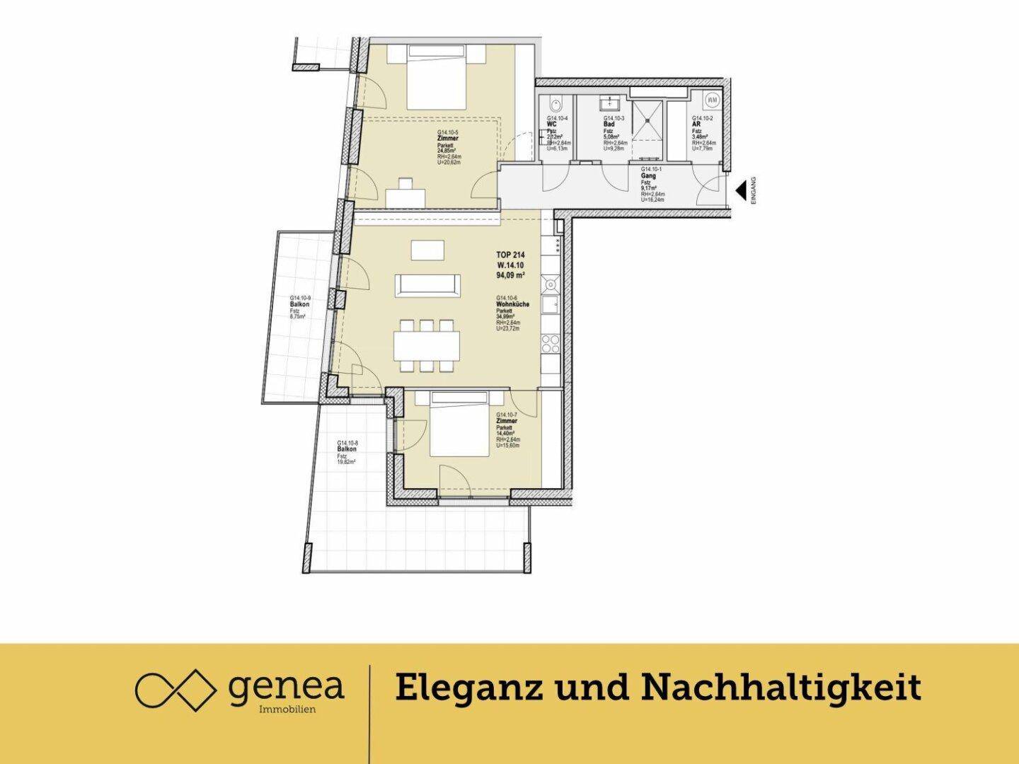 Grundriss der Wohnung TOP 214 mit 94,08 m², zwei Schlafzimmern, zwei Bädern und zwei Balkonen.