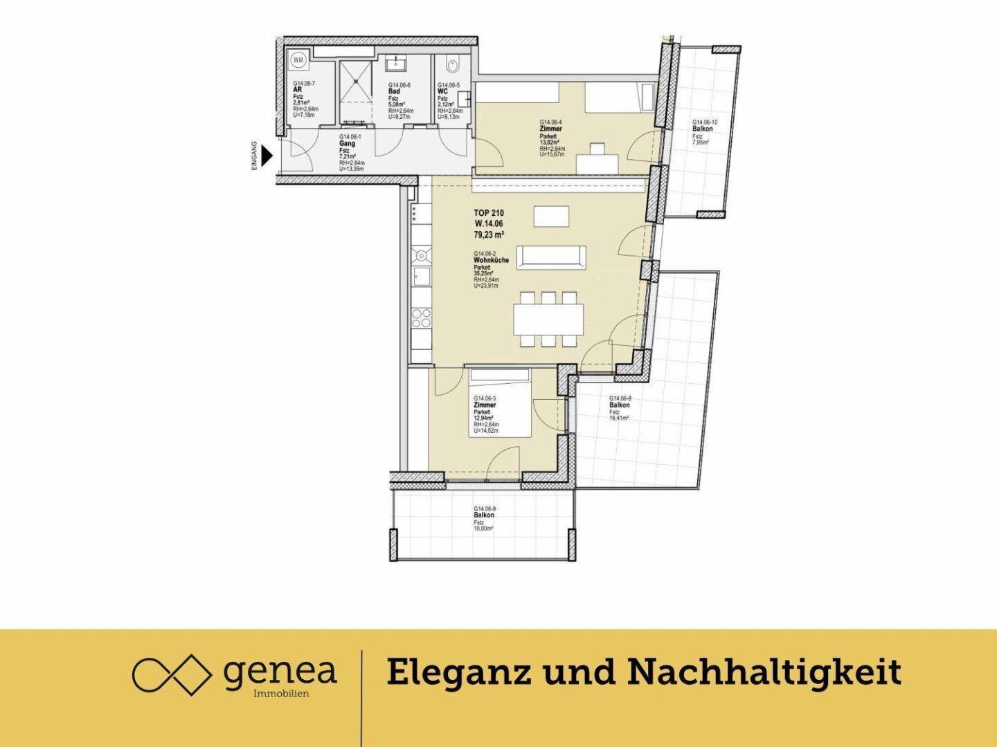 Grundriss einer Wohnung mit offenem Wohnbereich, zwei Schlafzimmern und Balkonen.