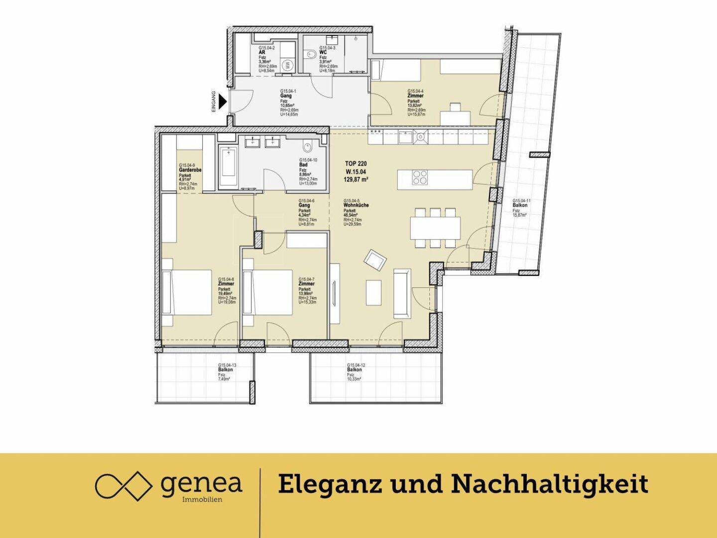 Detaillierter Grundriss einer Wohnung mit drei Schlafzimmern, zwei Bädern und großzügigem Wohnbereich.