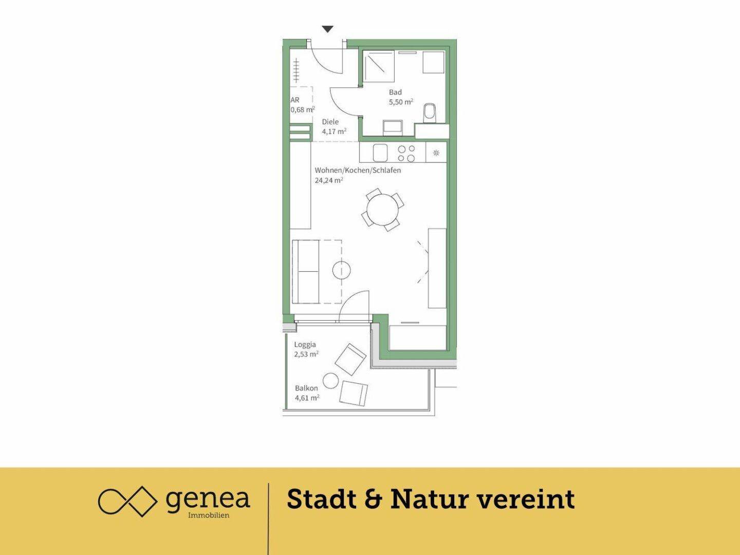 Grundriss einer kompakten Wohnung mit kombiniertem Wohn-/Koch-/Schlafbereich, Loggia und Balkon.