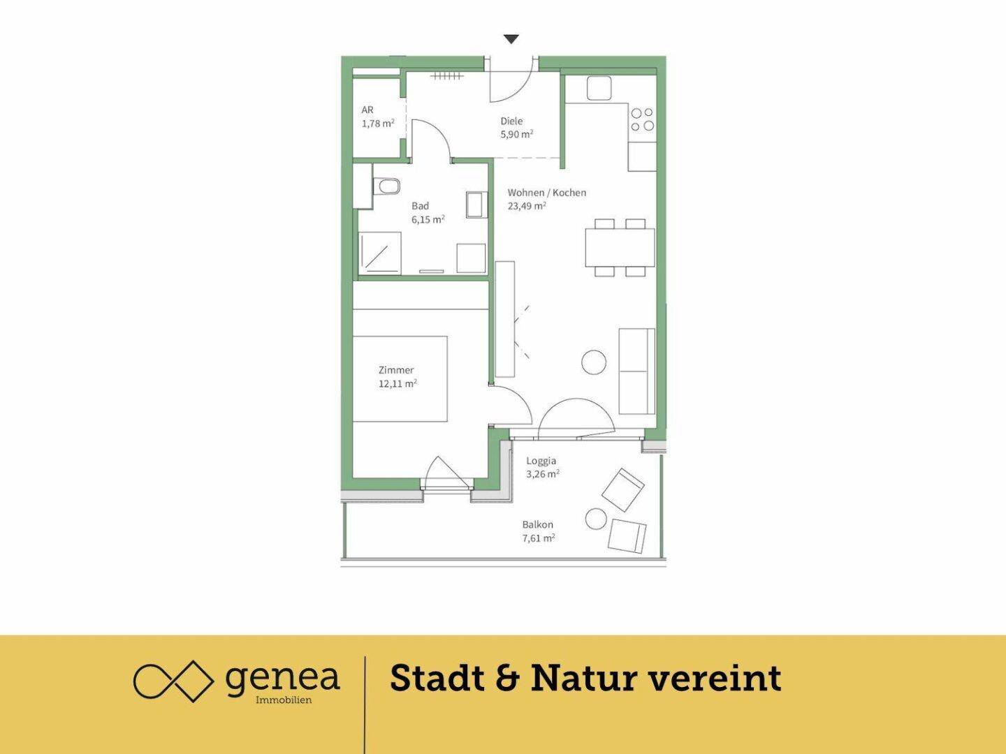 Grundriss einer Wohnung mit offenem Wohn-/Kochbereich, einem Zimmer, Bad, Loggia und Balkon.