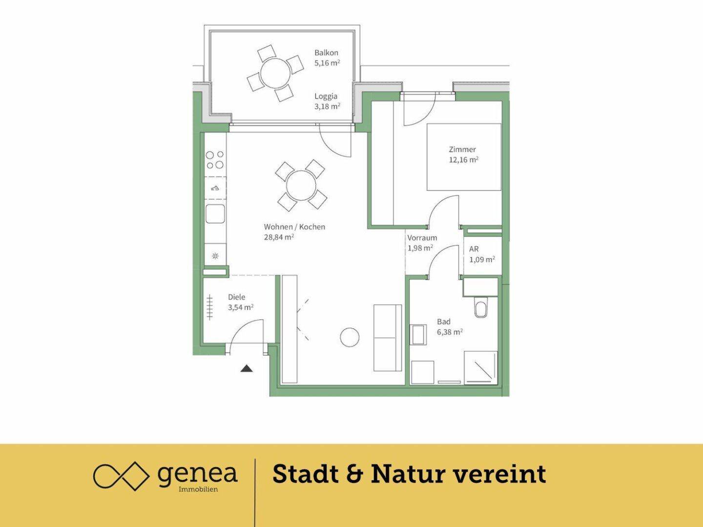 Grundriss einer Wohnung mit offenem Wohn- und Kochbereich, einem Schlafzimmer, Bad, Balkon und Loggia.