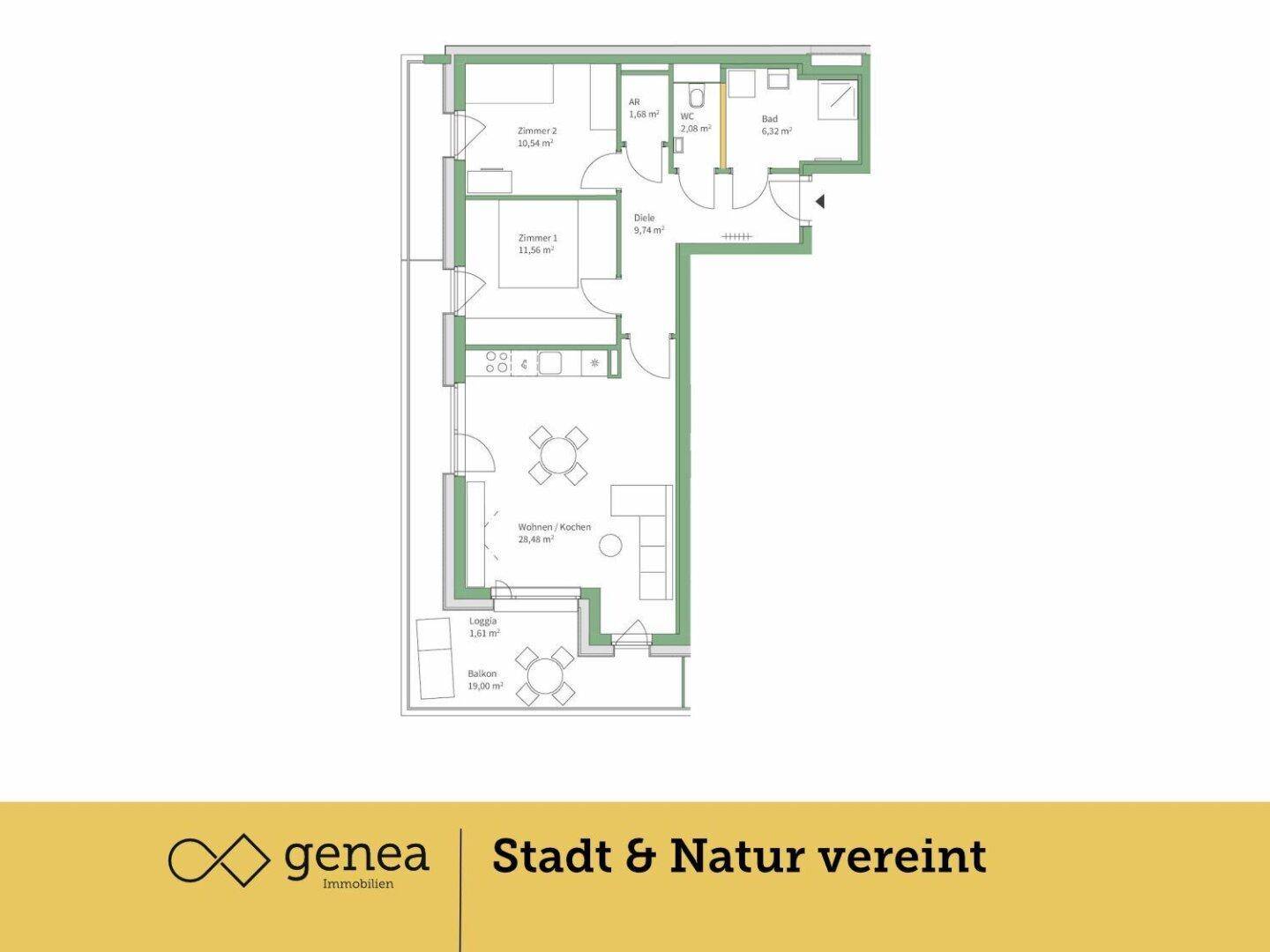 Grundriss einer Wohnung mit zwei Schlafzimmern, offenem Wohn-/Kochbereich, Bad, separatem WC, Loggia und Balkon.