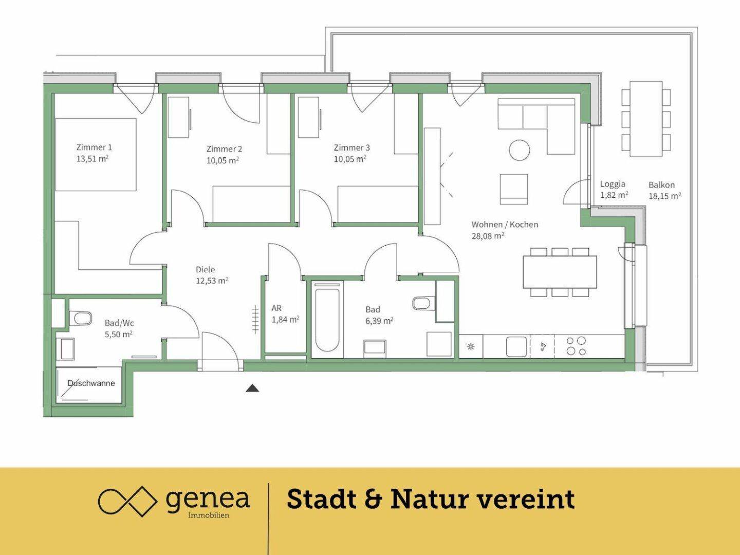Grundriss einer Wohnung mit drei Zimmern, offenem Wohn-/Kochbereich, zwei Bädern, Loggia und großem Balkon.