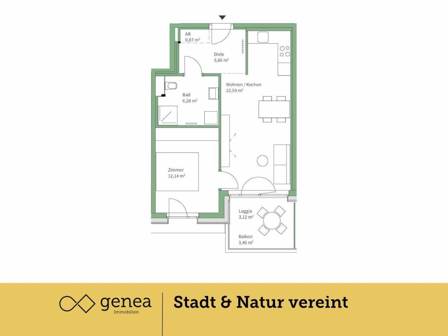 Grundriss einer Wohnung mit offenem Wohnbereich, separatem Zimmer, Loggia und Balkon.