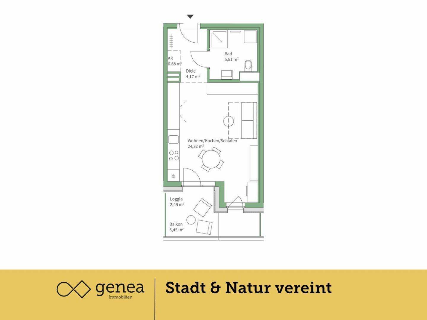 Grundriss einer Wohnung mit Wohn-/Koch-/Schlafbereich, Bad, Loggia und Balkon.