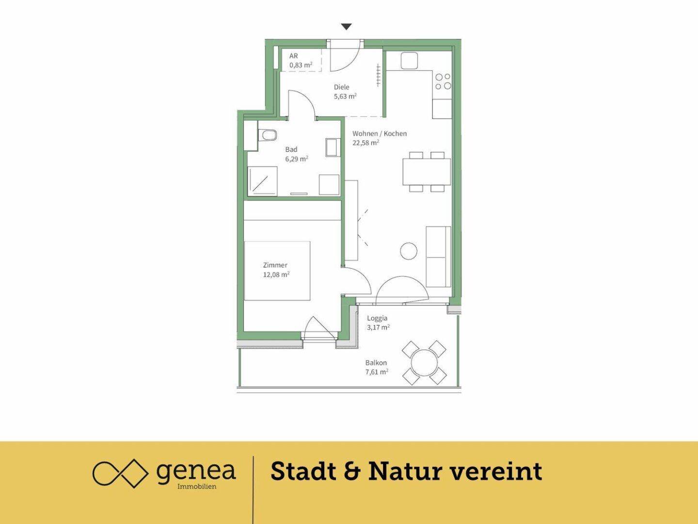 Grundriss einer Wohnung mit offenem Wohn-/Kochbereich, einem Schlafzimmer, Bad, Abstellraum, Loggia und Balkon.