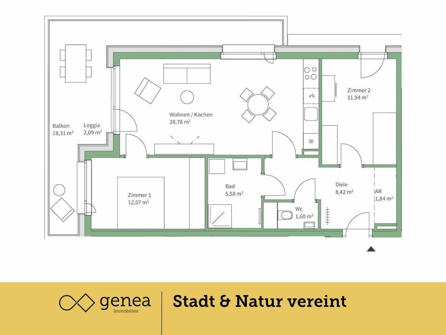 Grundriss einer Wohnung mit offenem Wohn-/Kochbereich, zwei Schlafzimmern, Bad, separatem WC, Balkon und Loggia.
