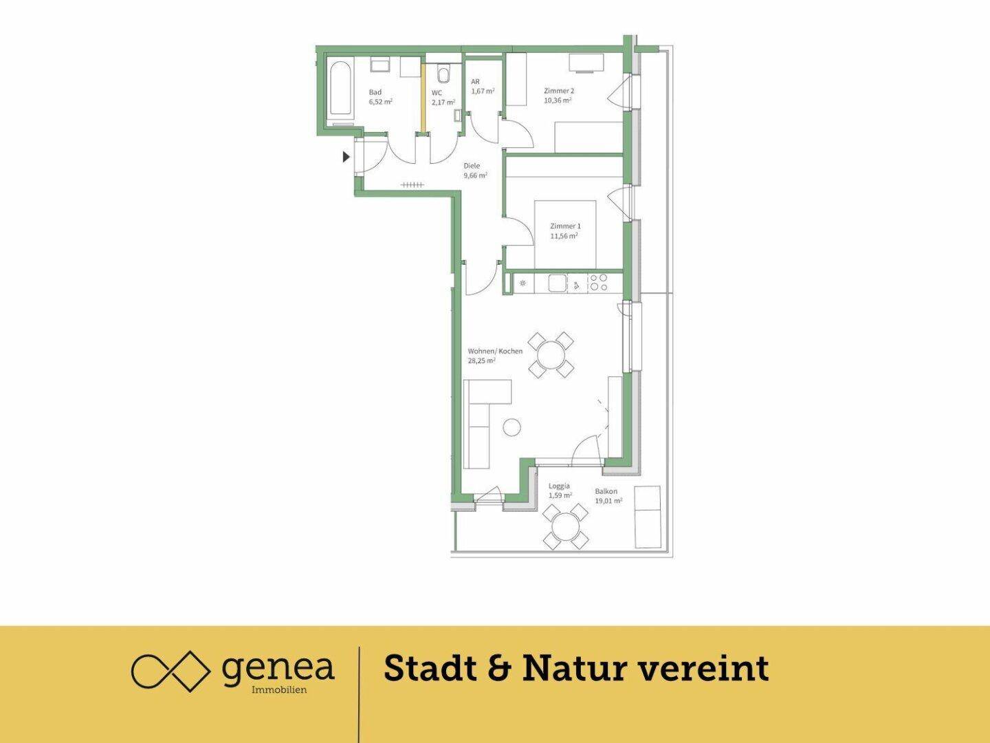 Grundriss einer Wohnung mit zwei Schlafzimmern, offenem Wohn-/Kochbereich, Bad, separatem WC, Loggia und Balkon.