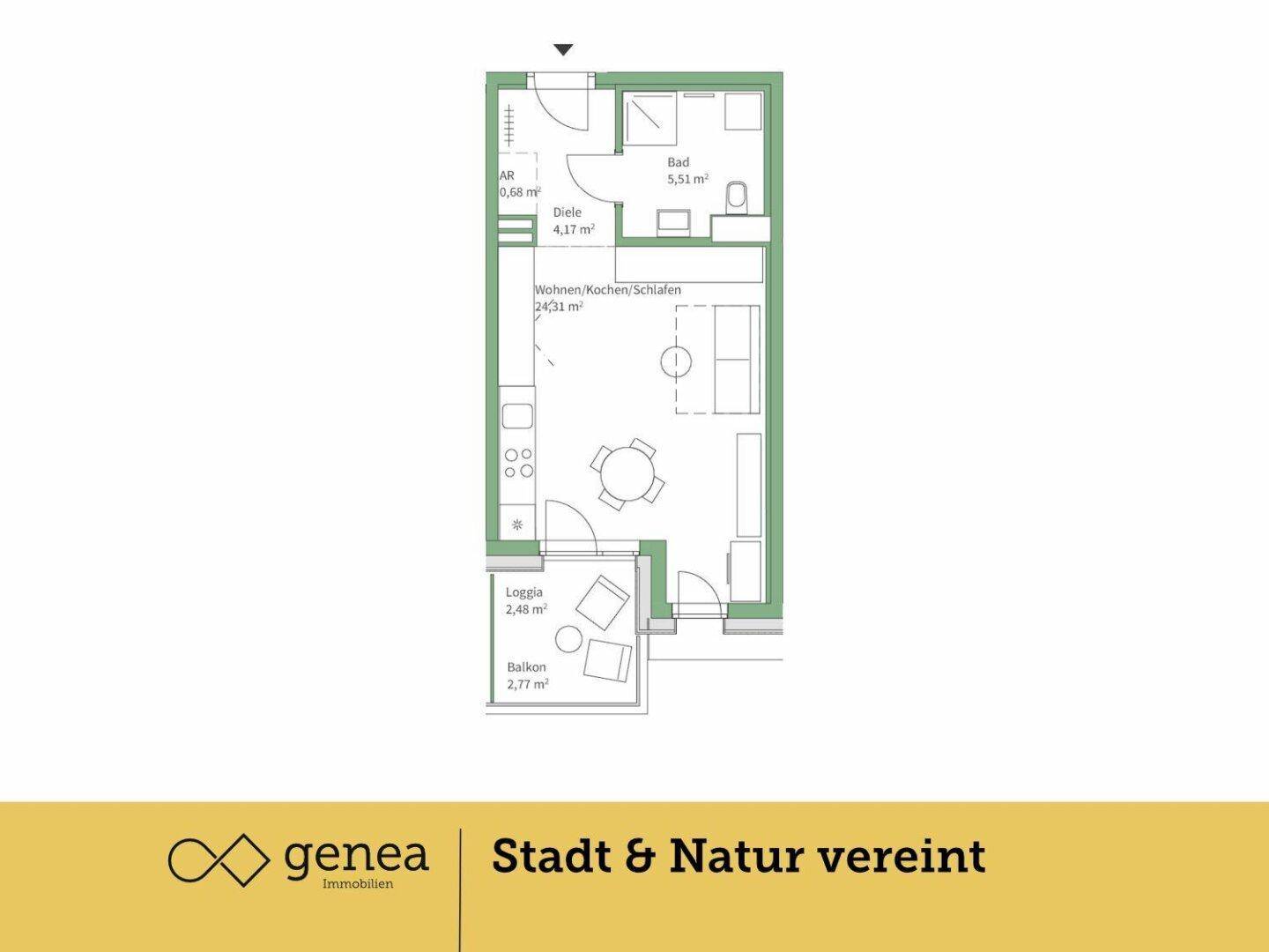 Grundriss einer Wohnung mit offenem Wohn-, Koch- und Schlafbereich, einem Badezimmer, Loggia und Balkon.