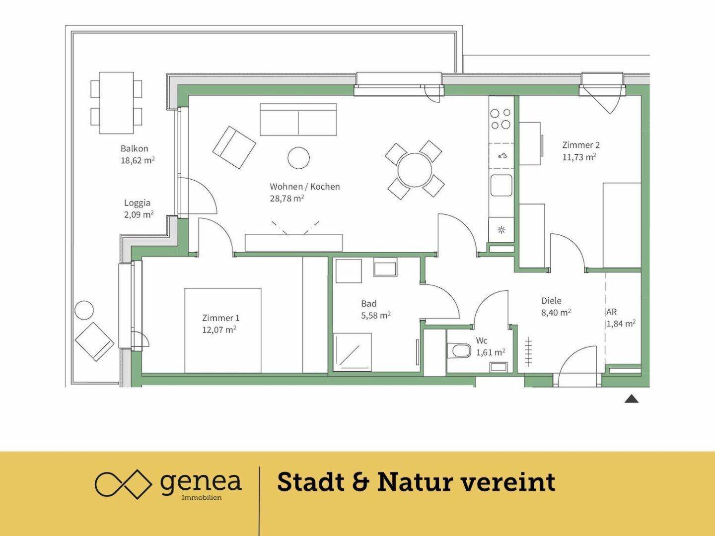 Grundriss einer modernen Wohnung mit offenem Wohn-/Kochbereich, zwei Schlafzimmern, Bad, WC, Balkon und Loggia.
