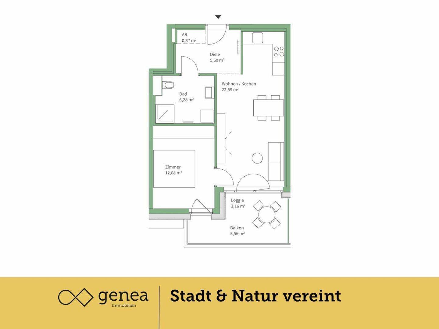 Detaillierter Grundriss einer Wohnung mit offenem Wohn-/Kochbereich, einem Zimmer, Bad, Loggia und Balkon.
