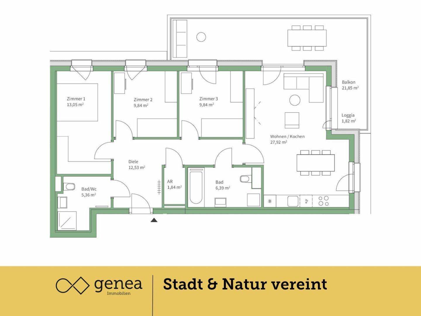 Detaillierter Grundriss einer Wohnung mit drei Zimmern, offenem Wohn-/Kochbereich, zwei Bädern, Balkon und Loggia.