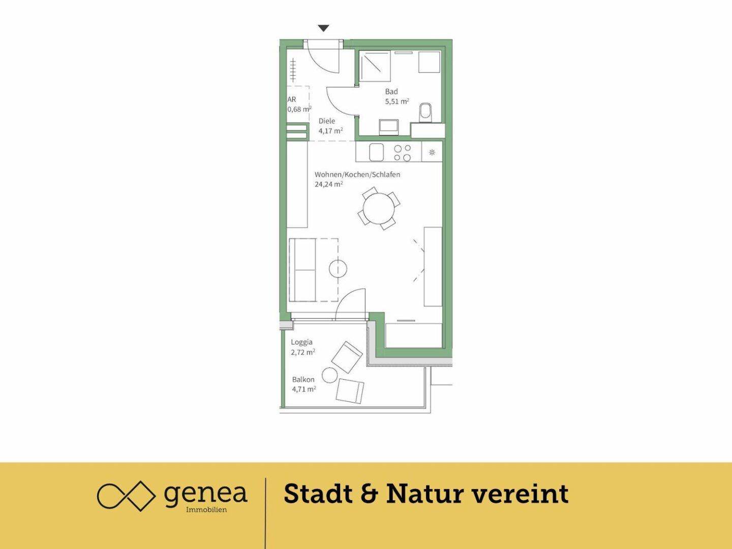 Grundriss einer Wohnung mit offenem Wohn-/Koch-/Schlafbereich, separatem Bad, Loggia und Balkon.