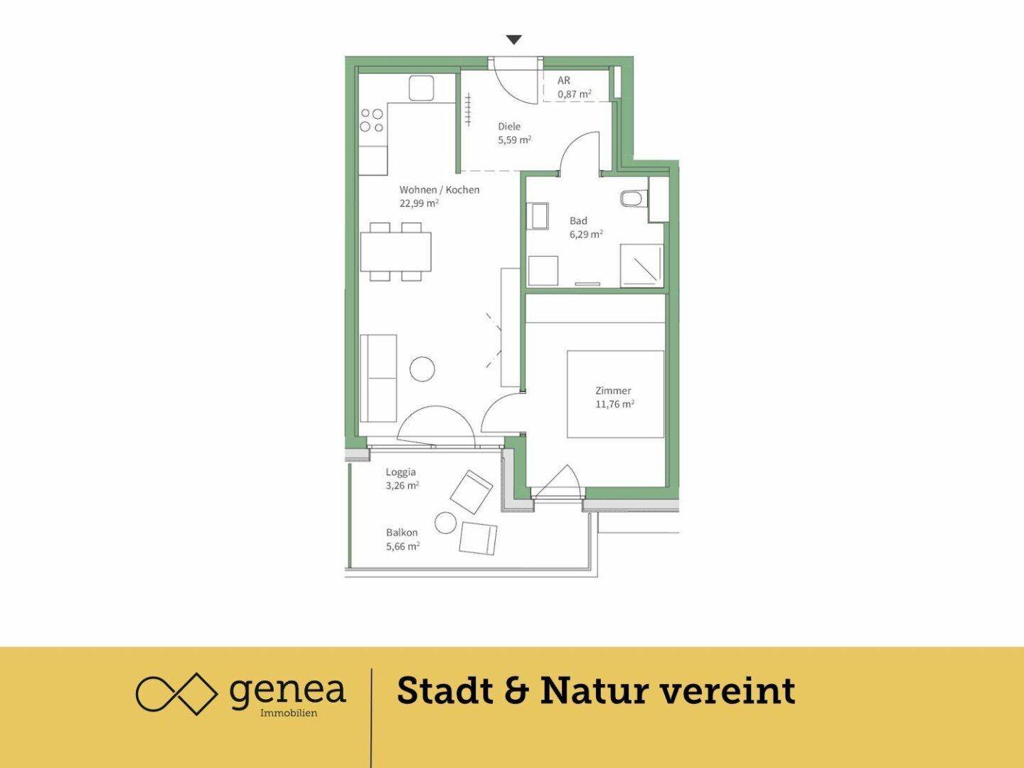 Grundriss einer Wohnung mit offenem Wohn-/Kochbereich, einem Schlafzimmer, Bad, Loggia und Balkon.
