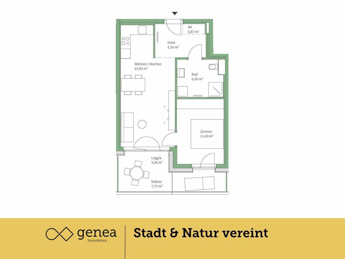 Grundriss einer Wohnung mit Wohn-/Kochbereich, Bad, Zimmer, Loggia und Balkon.