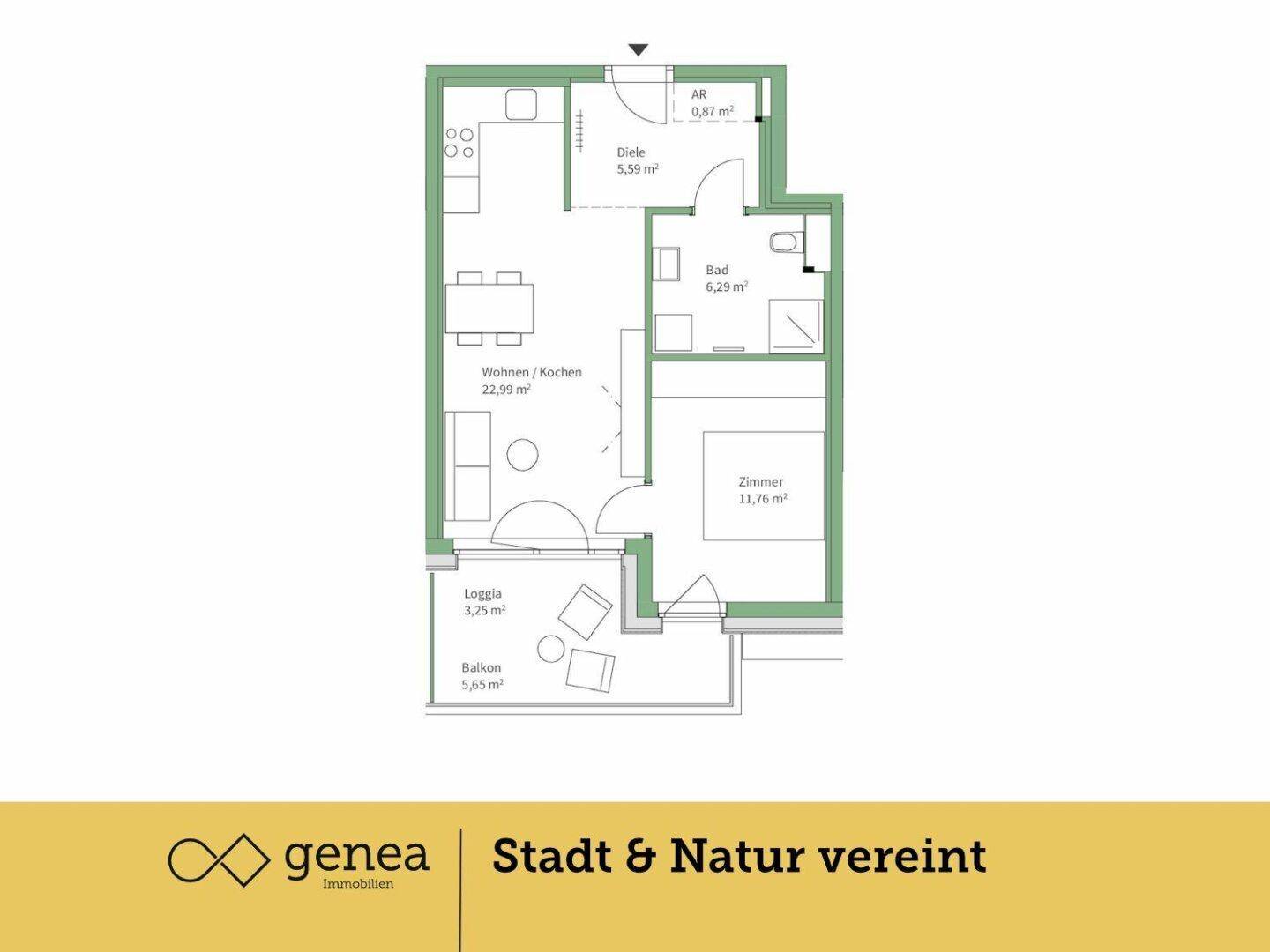 Grundriss einer modernen Wohnung mit offenem Wohn-/Kochbereich, Loggia und Balkon.