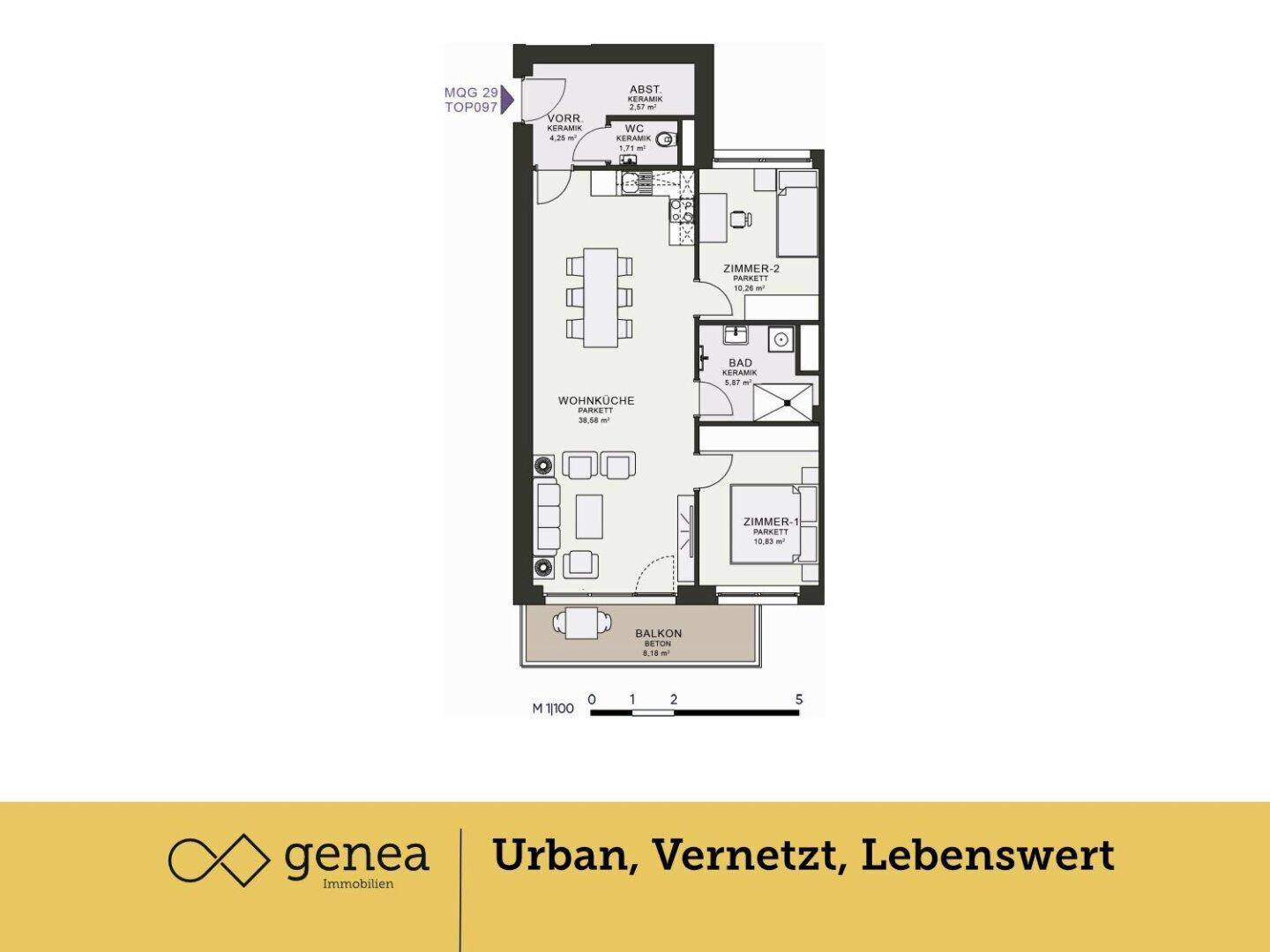 Grundriss einer Wohnung mit Wohnküche, zwei Zimmern, Bad, WC und Balkon.