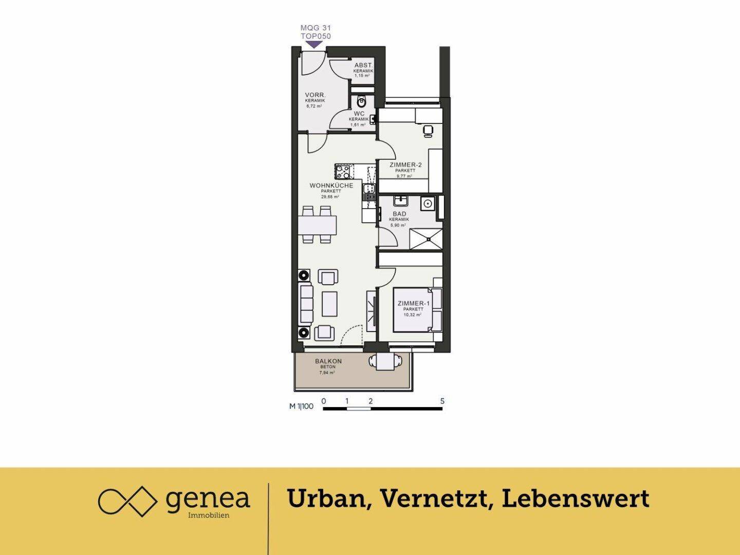 Grundriss einer modernen Wohnung mit zwei Schlafzimmern, Balkon und offenem Wohnbereich.