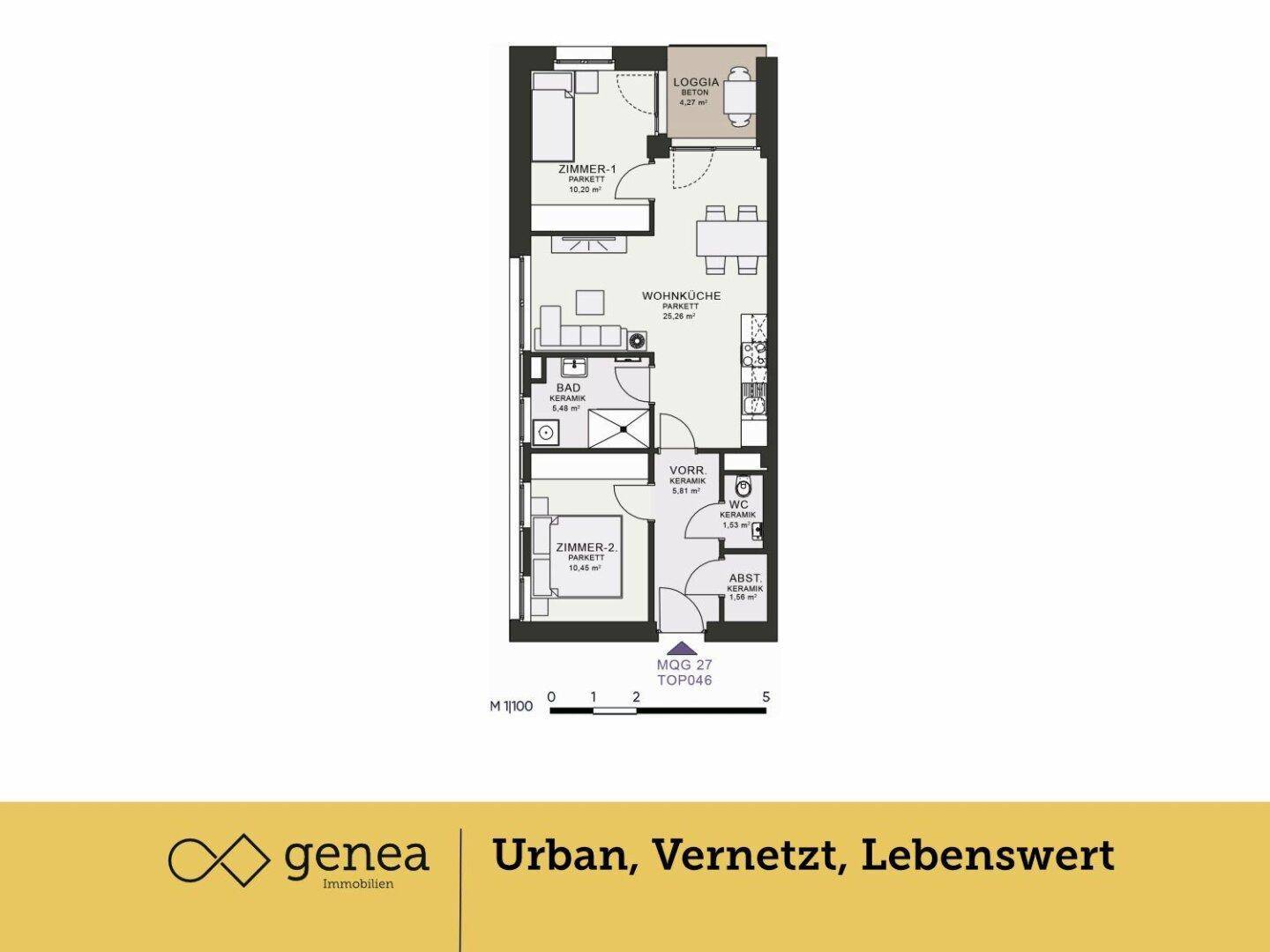 Grundriss einer Wohnung mit zwei Zimmern, offener Wohnküche, Bad, WC und Loggia.