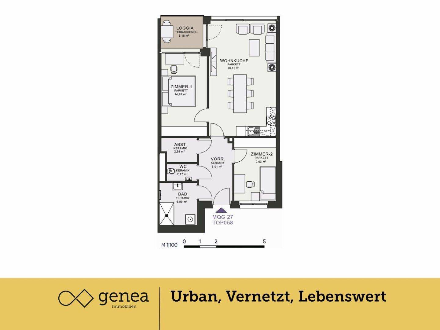 Grundriss einer modernen Wohnung mit zwei Zimmern, offener Wohnküche und Loggia.