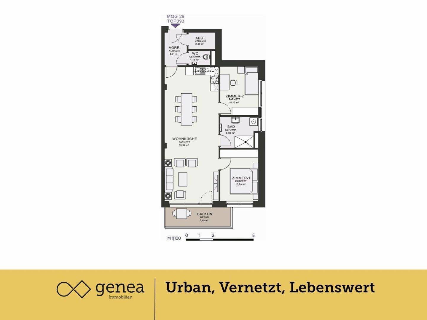 Grundriss einer Wohnung mit offener Wohnküche, zwei Zimmern, Bad, WC und einem Balkon.