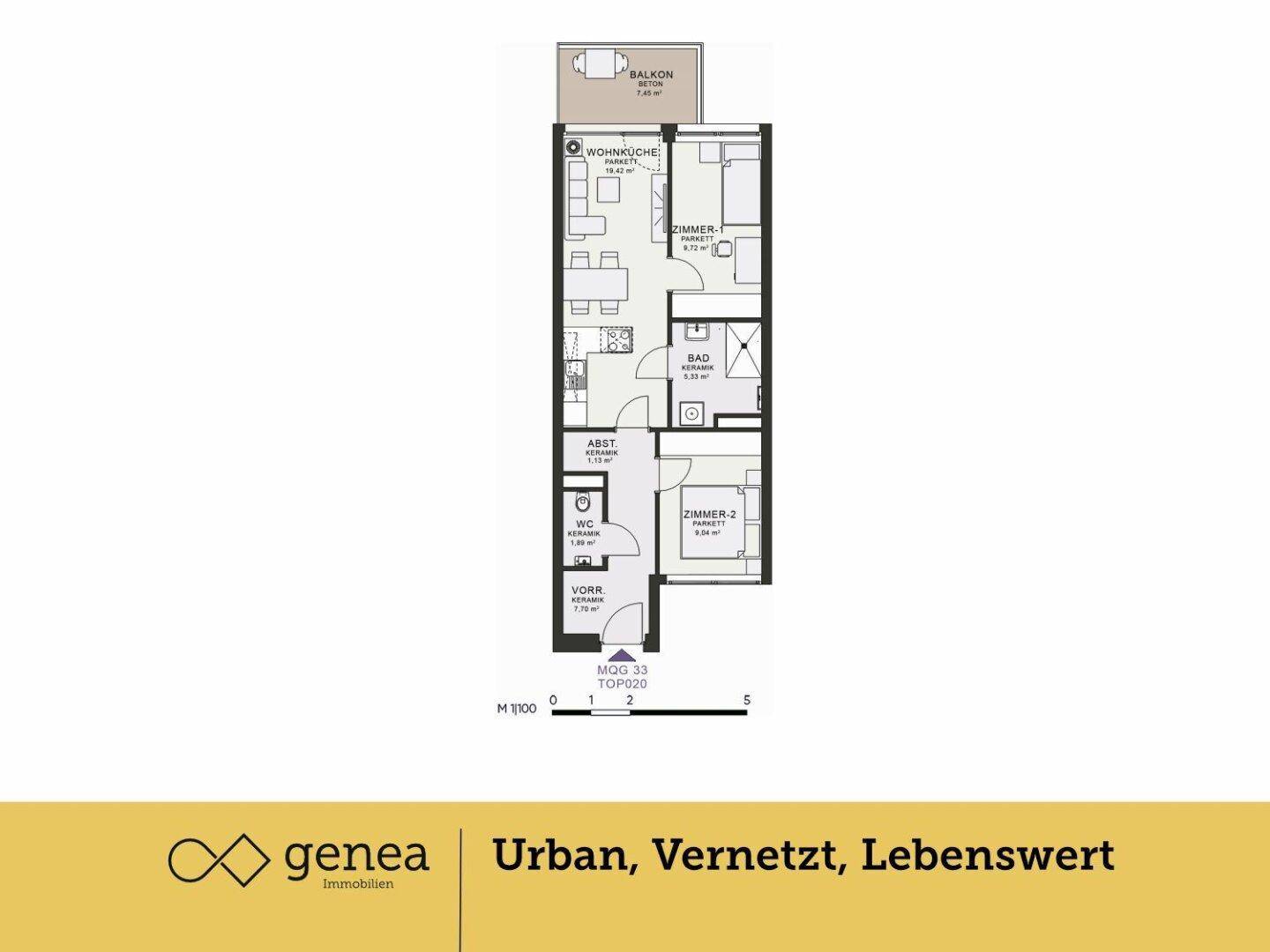 Grundriss einer Wohnung mit Wohnküche, zwei Zimmern, Bad, WC und Balkon.